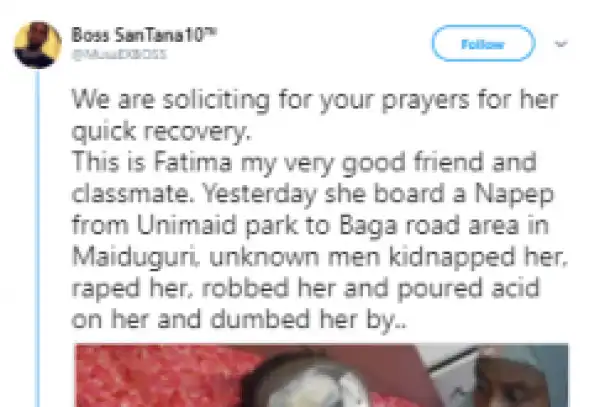 Kidnappers Rape, Rob & Pour Acid On A 500L Nursing Student In Maiduguri (Graphic Pic)